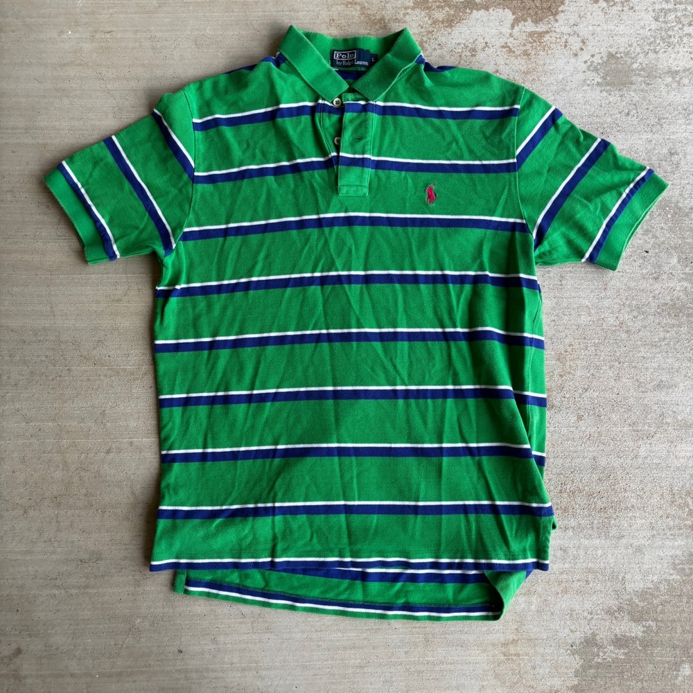 Polo Ralph Lauren Mens Large Green Blue Striped Short Sleeve Pique Polo Shirt